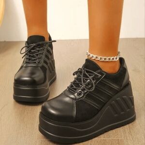 Women's Solid Color Platform Shoes, Lace Up Shallow Mouth Comfy Ankle Shoes,